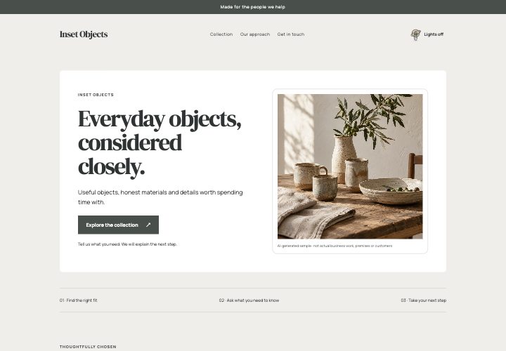 Gallery Inset website design: A quiet frame for distinctive things.