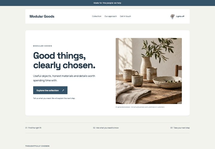 Modular Market website design: Good organisation can have personality.