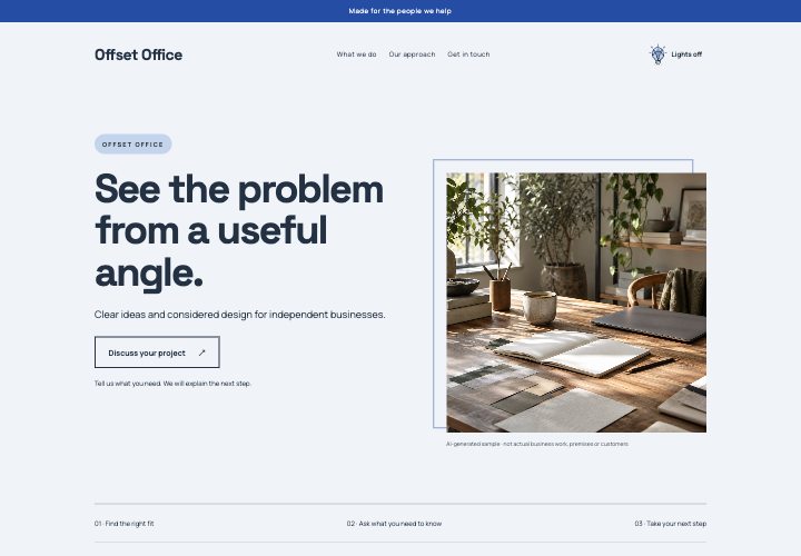 Offset Office website design: Structured thinking with an independent voice.