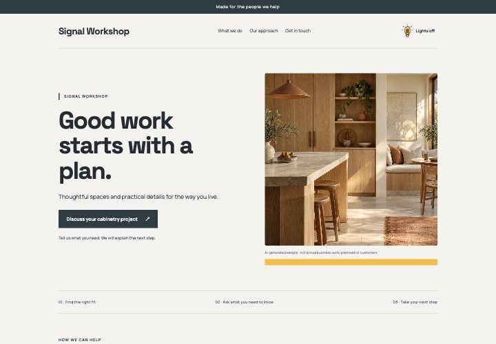 Signal Workshop website design: Practical work with a confident signal.