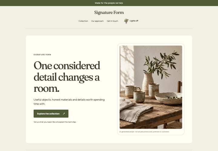 Signature Piece website design: Make the lead collection unmistakable.