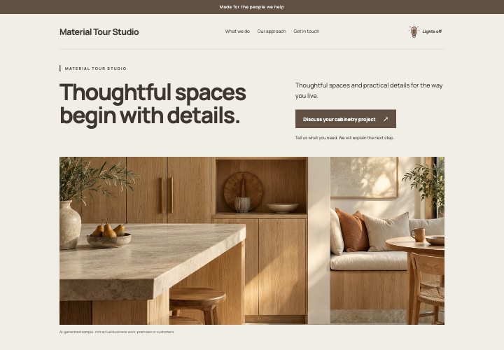 The Material Tour website design: Let surfaces, light and proportion lead.