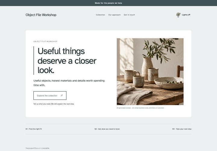 The Object File website design: Clear information for considered choices.