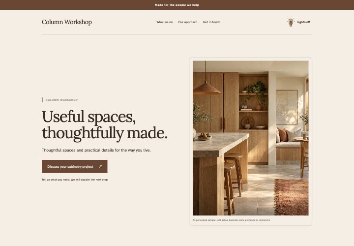 Timber Column website design: Joinery rhythm with an editorial finish.