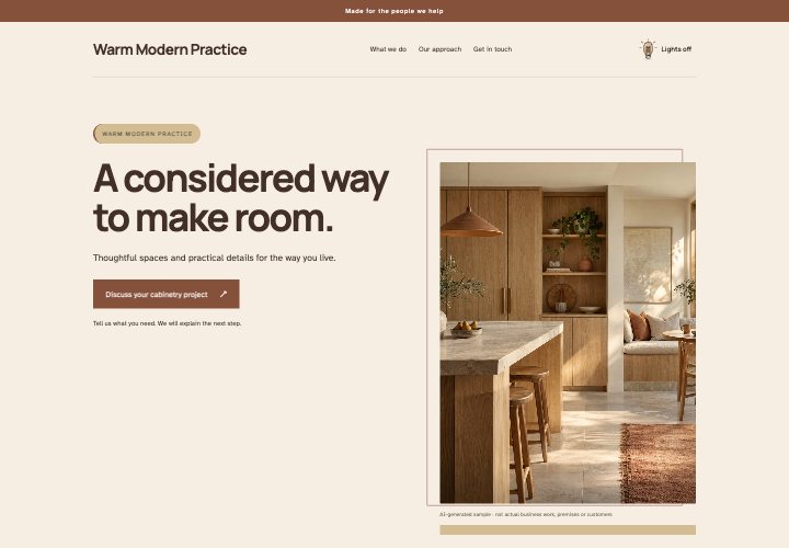 Warm Modernist website design: Modern structure. Human warmth.