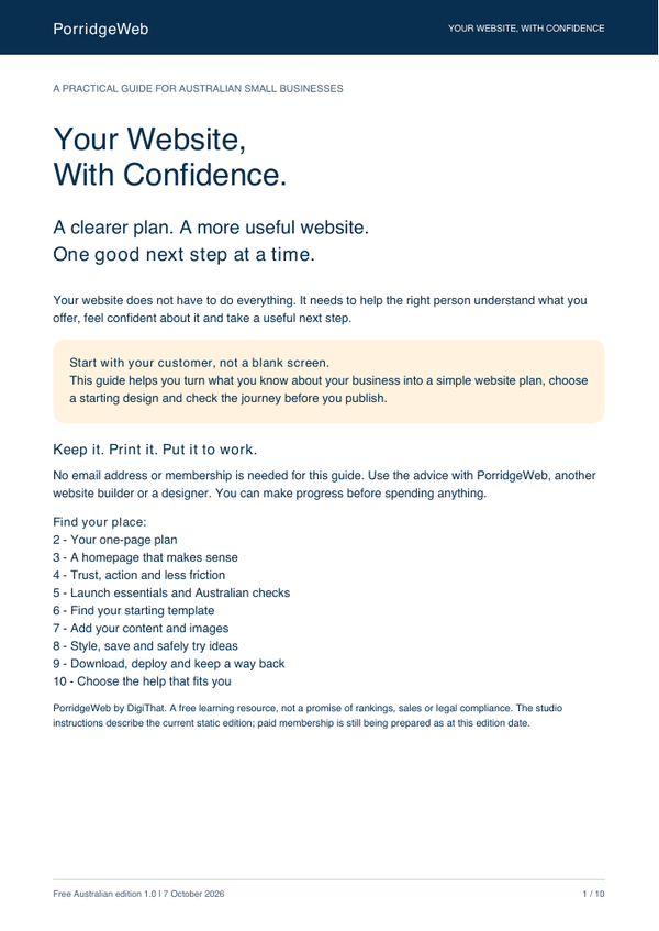Cover of Your Website, With Confidence, the free guide from PorridgeWeb