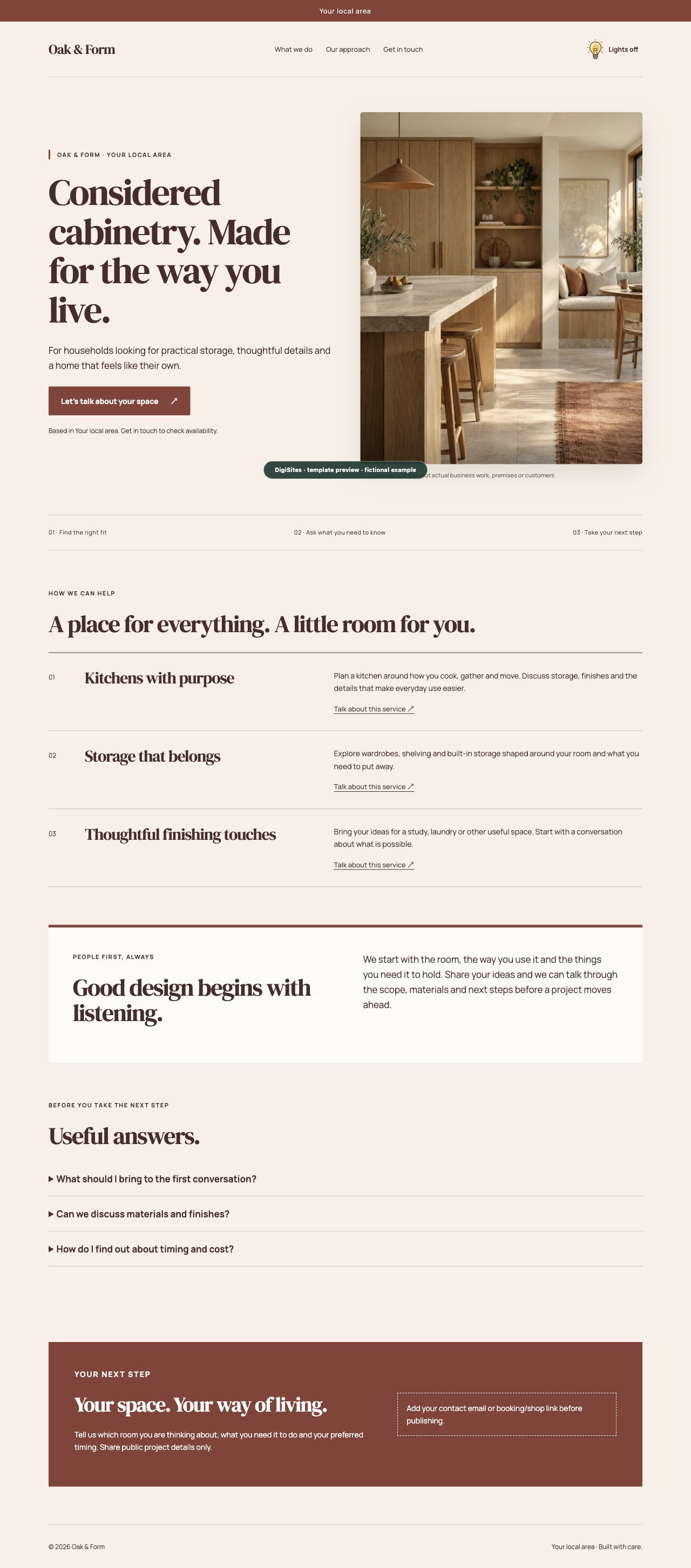 Craftwork desktop website preview, showing a cabinetry business with a photographic hero, services, introduction, questions and contact section.