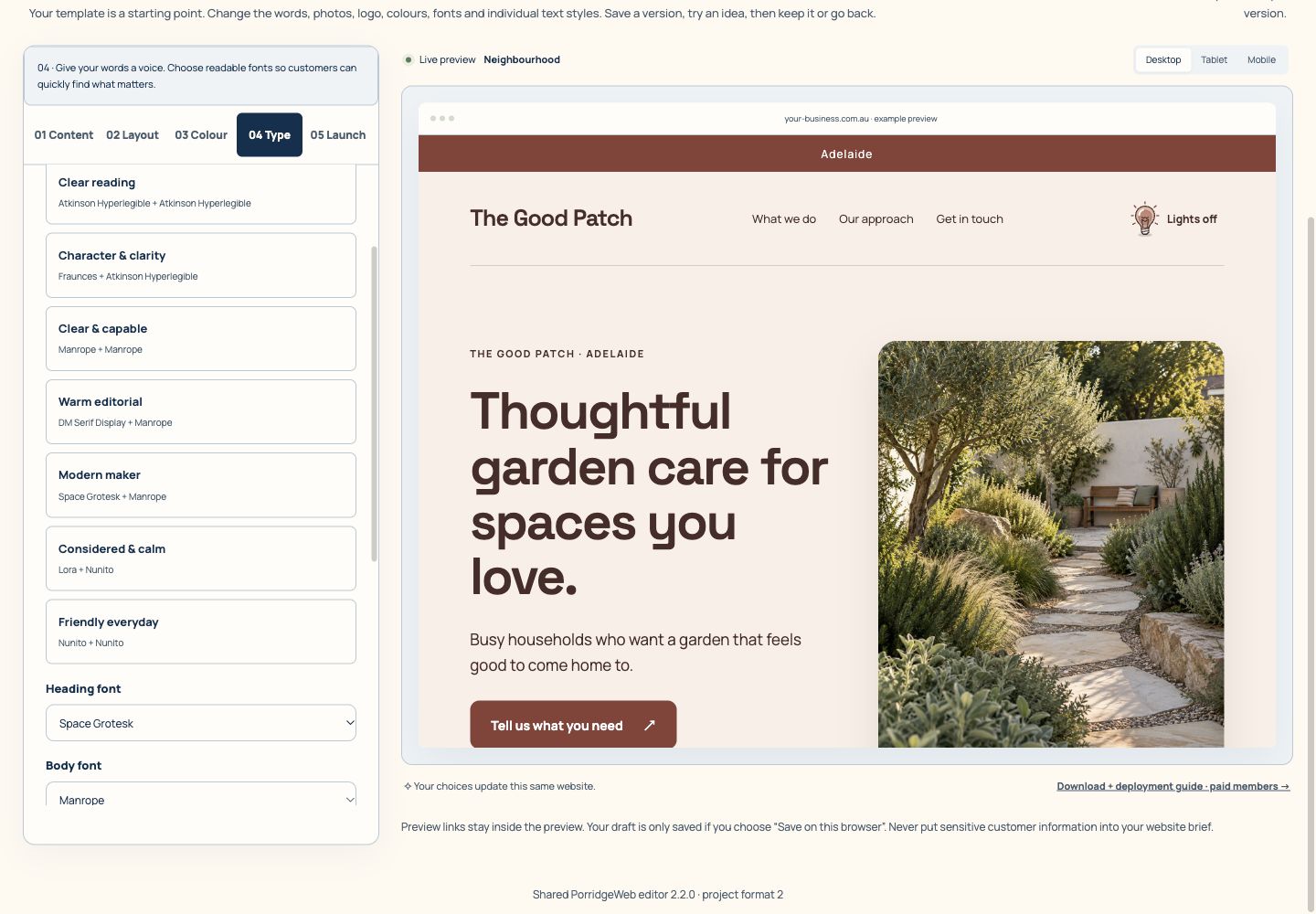 Font controls updating a real website preview