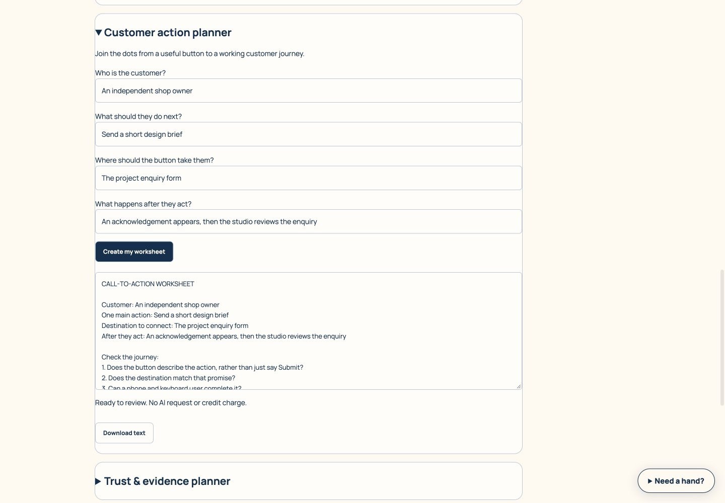 Customer action planner screen walkthrough