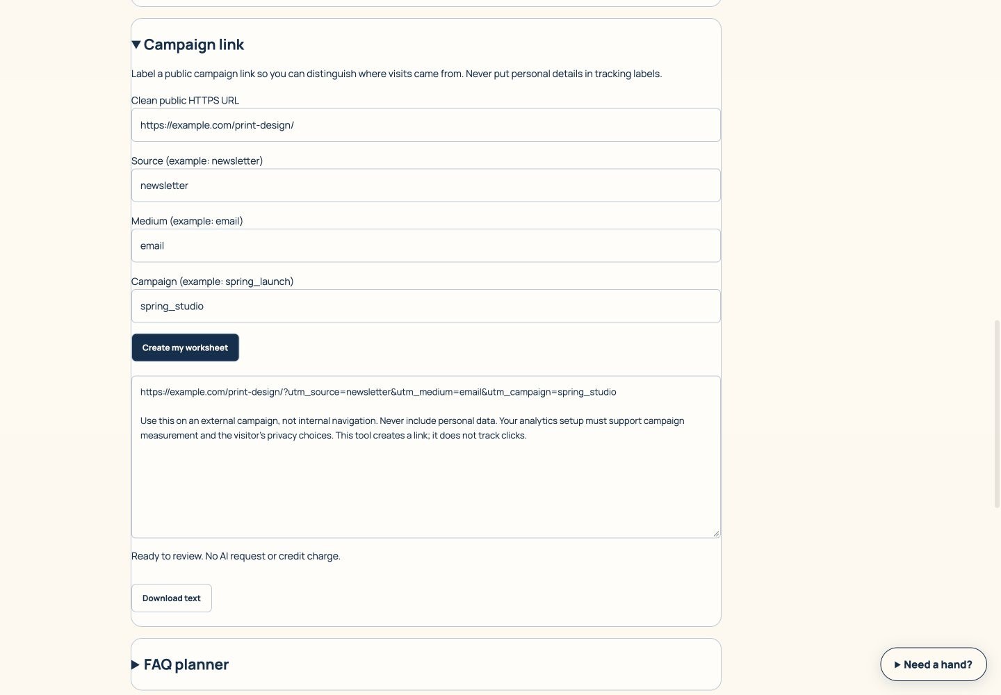 Campaign link builder screen walkthrough