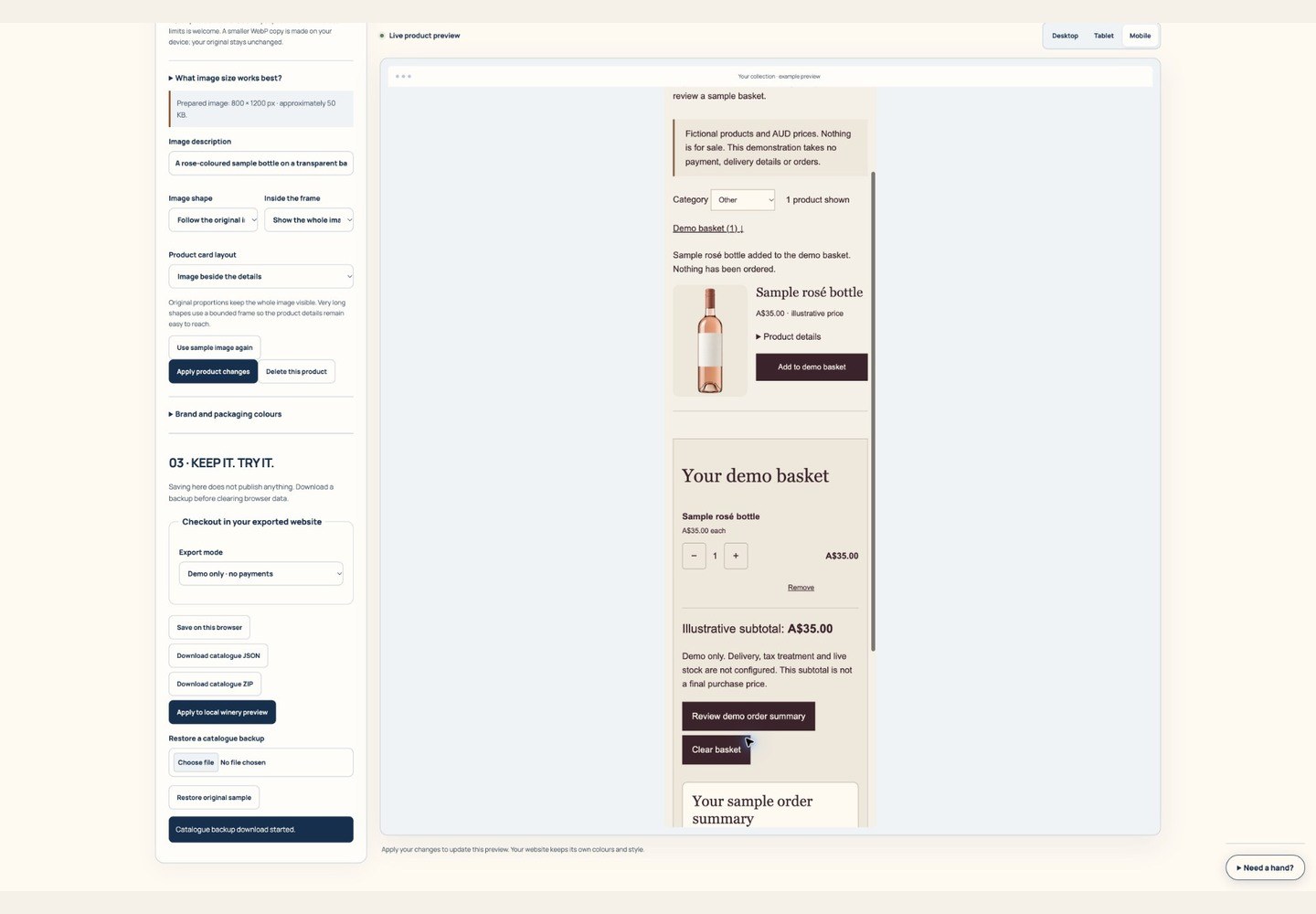 Demo basket and payment-link settings screen walkthrough