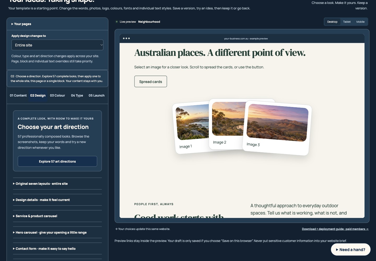 Fictional example gallery with fanned cards inside the actual website preview