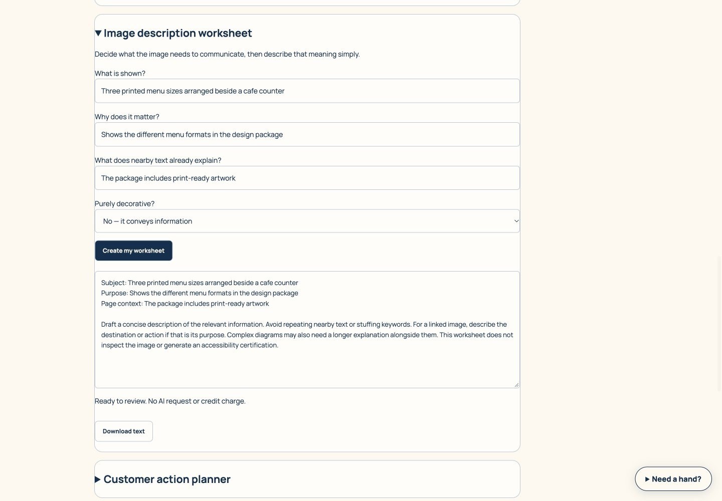 Image description worksheet screen walkthrough