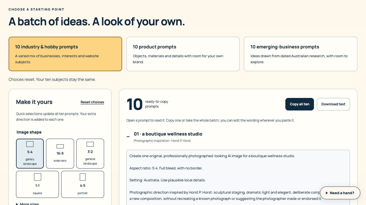 Image Studio showing three batch buttons, aspect ratio presets and ten ready-to-copy prompts.