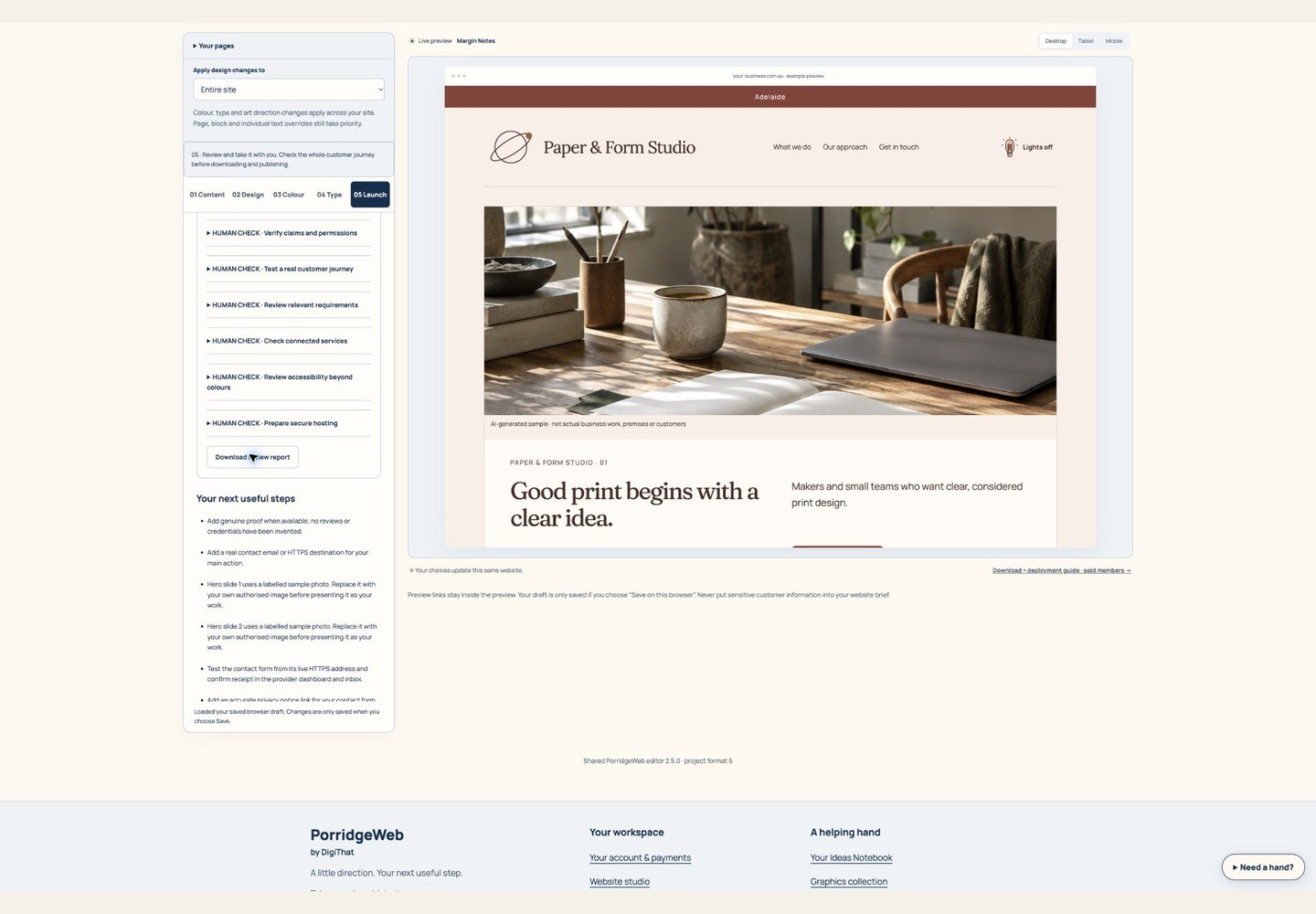Website launch review screen walkthrough
