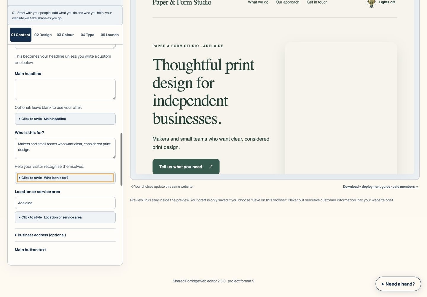Website Studio screen walkthrough