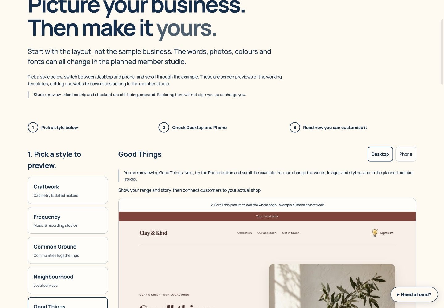 Template showroom screen walkthrough