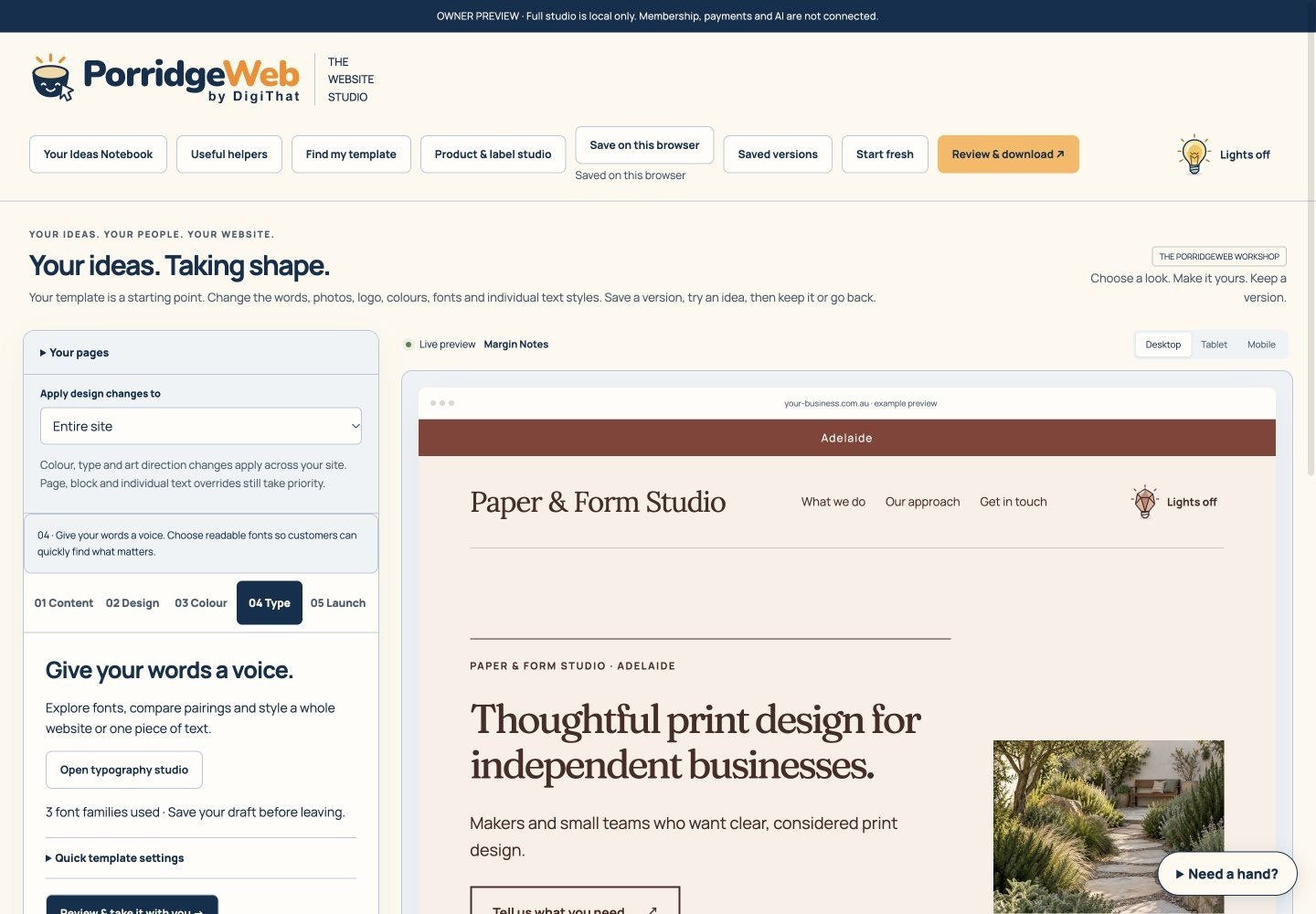 PorridgeWeb typography workshop and website preview