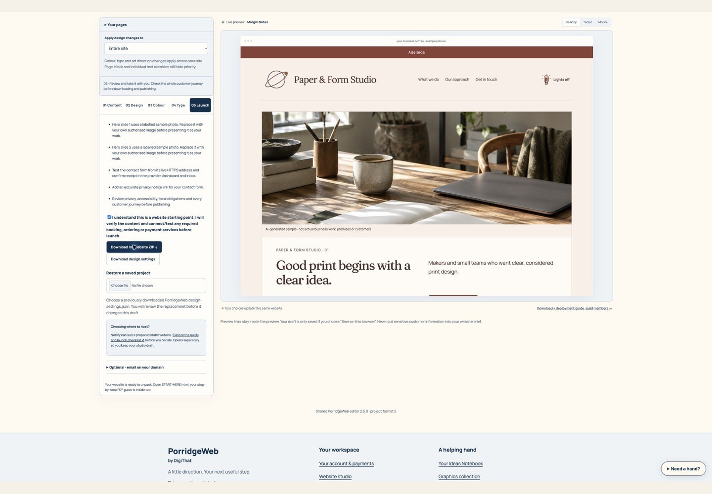 Recorded screen from the Website ZIP export walkthrough